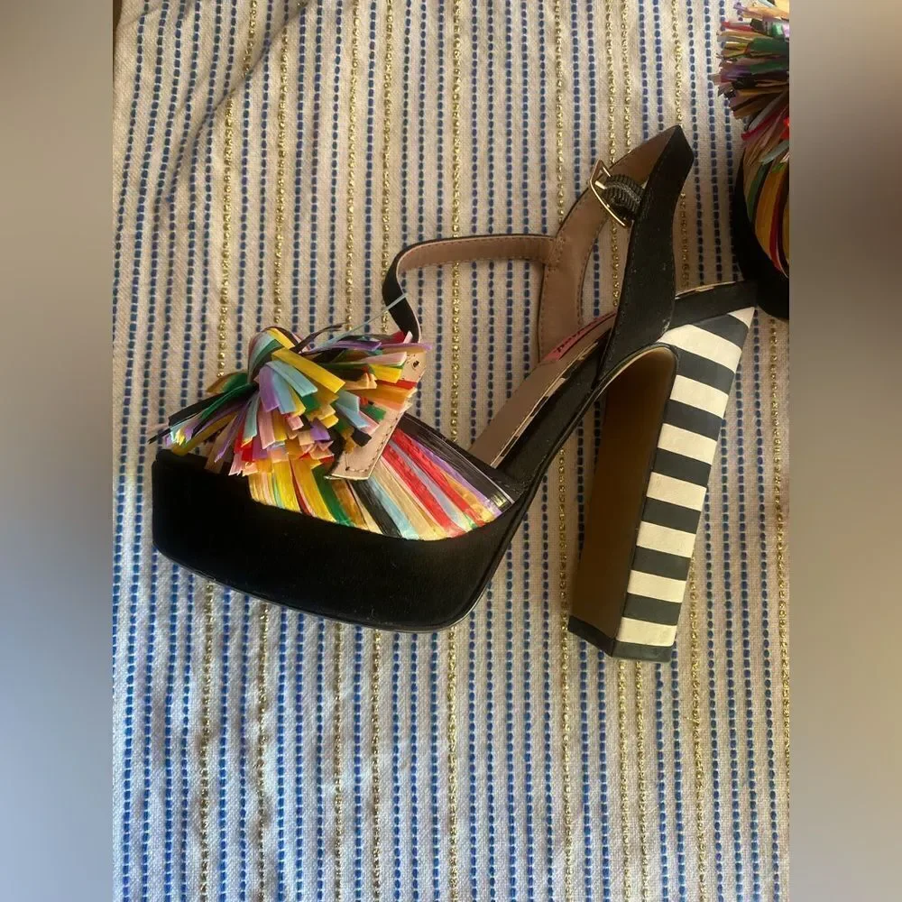 BETSEY JOHNSON 1970s Style Striped Pom Pom Platform Heels size 5.5